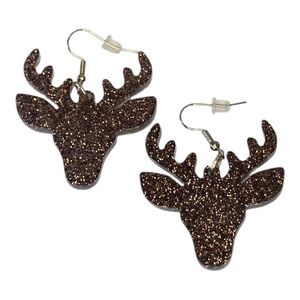 Reindeer Brown Gold Glitter Holiday Christmas Earrings